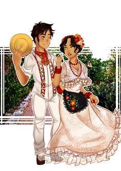 a man and woman dressed in traditional mexican clothing, holding a basketball ball while standing next to each other