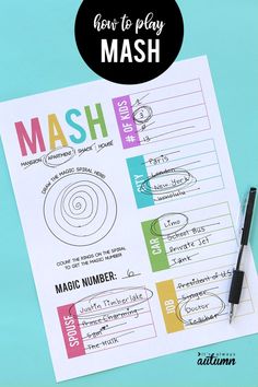 a sheet of paper with the words how to play mash on it next to a pen