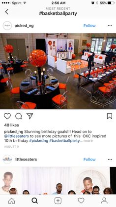 two screenshots of people at an event with orange and black decorations on them