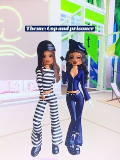 two dolls standing next to each other in front of a wall with the caption that reads, theater cop and prisoner