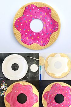 paper plate doughnuts with pink icing and sprinkles