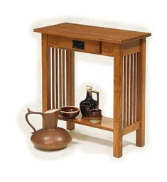 a wooden table with a shelf and vase on it