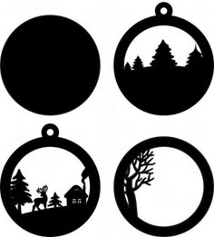 four black and white silhouettes of christmas ornaments with trees in the background, one is an ornament