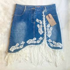 Lace and embroidered details on denim skirt. Dreamy Clothes, Coquette Outfits, Vintage Denim Skirt, Off White Color, Lace Applique, Vintage Lace, Vintage Denim, 90s Fashion, Lace Detail