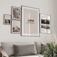 a living room with pictures on the wall and a couch in front of some plants