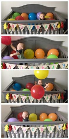 two pictures of balloons and a baby in a crib