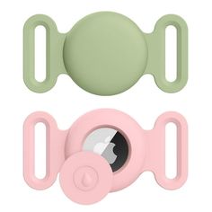 two baby pacifiers with handles, one in pink and the other in green