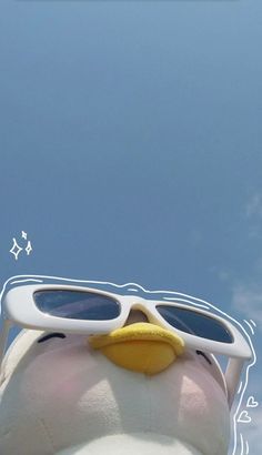 a close up of a stuffed animal with sunglasses on it's face and the sky in the background