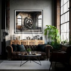 a living room filled with furniture next to large windows and a painting on the wall