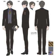 an anime character in a suit and tie standing next to another character with glasses on