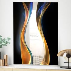 an abstract painting on the wall above a dresser with a vase and lamp next to it