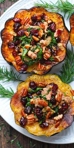 Stuffed Acorn Squash with Sausage, Spinach, Dried Cranberries, and Pecans on a white plate Healthy November Meals, Stuff Acorn Squash Recipe, Acorn Squash With Sausage, Squash With Sausage, Julia's Album, Healthy Squash Recipes, Stuffed Butternut