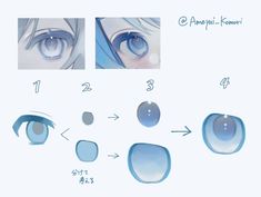 an anime character's eyes are shown in three different positions, including the eyeball and