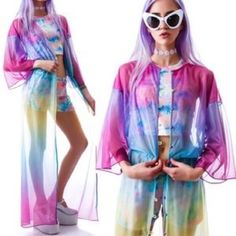 Absolutely Stunning Piece That Has Gotten Many Compliments, But Time To Pass It On. Sheer Rainbow Watercolor Fabric, All Buttons Intact. Great Condition. Make Offers!! Will Fit Up To Size M. Amazing Unif Piece Clear Jacket, Rainbow Cardigan, Dress Kimono, Rainbow Watercolor, Watercolor Fabric, Cheap Jacket, Basic Jackets, Vintage Cardigan, Sheer Chiffon