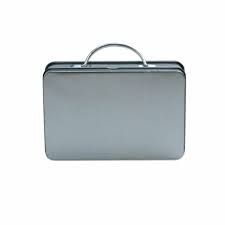 a silver metal briefcase on a white background