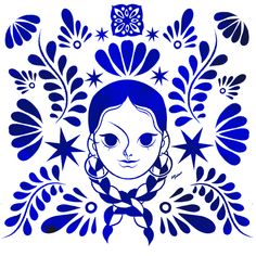 a blue and white drawing of a girl surrounded by flowers, stars and leaves on a white background