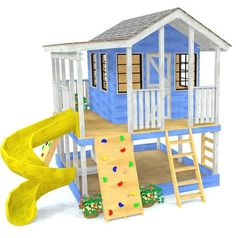 a child's play house with slide and climbing wall in the front, on white background