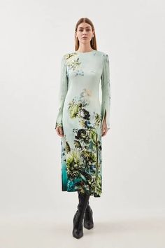 Garden Floral Woven Viscose Satin Midi Dress | Karen Millen Beautiful Spring Dresses, Lace Wedding Guest Dress, White Dress Styles, Latest Maxi Dresses, Outfits For Mexico, Petite Business Casual, Maxi Dress Collection, Floral Dress Formal, Bachelorette Outfits