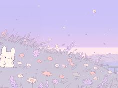 a cartoon bunny sitting in the grass with flowers and butterflies around it, looking out to sea