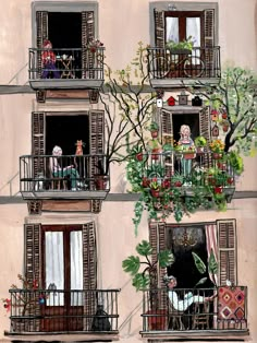 an image of people sitting on the balconys of their apartment building with flowers in pots