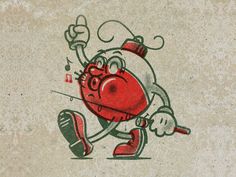 a drawing of a heart running with a baseball bat in his hand and wearing red shoes