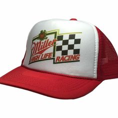 Miller High Life Racing Trucker Hat Mesh Hat vintage snapback hat adjustable unworn Vintage style trucker hat This is a Trucker hat mesh hat, it has an adjustable snapback so it fits most people 100% Polyester Front 100% Nylon Mesh Back 5-panel cap Seamless Foam Front Panel with Lining 8 Rows Stitching on Visor Matching Fabric Under visor Adjustable Plastic Snap Red Retro Trucker Hat With Short Brim, Retro Red Hats With Flat Bill, Retro Red Hat With Flat Bill, Retro Red Hat For Outdoor, Retro Red Flat Bill Hat, Retro Red Cap, Vintage Red Outdoor Hat, Red Vintage Outdoor Hat, Red Vintage Trucker Hat With Curved Brim