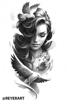 a black and white drawing of a woman with birds on her shoulder