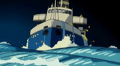 an animated image of a ship in the ocean at night with blue and white waves