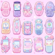 an assortment of cartoon cell phones on a pink background