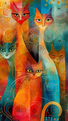 three cats are sitting together in an artistic painting