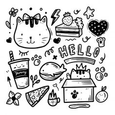 a black and white drawing of different items that are in the shape of a cat