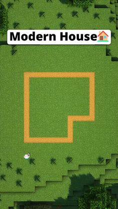 an aerial view of a green field with a yellow line on it and the words modern house above it