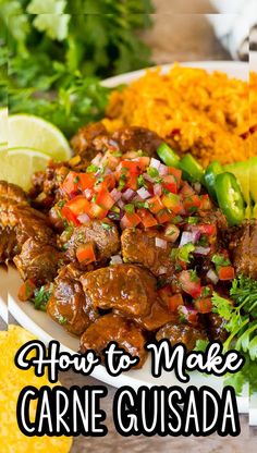 a white plate topped with meat and rice next to cilantro, lime wedges