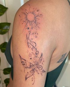 Small Esoteric Tattoos, Fairy And Sun Tattoo, Funky Art Tattoo, Silvermist Tattoo, Simple Armband Tattoo, Tattoo Thigh Piece, Tattoo Pierna Mujer, Aura Tattoos, Types Of Tattoos