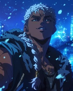 an anime character with white hair and blue eyes standing in front of a cityscape