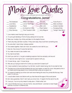 the movie love quotes game is shown on a white background with pink flowers and hearts