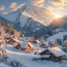 a snow covered mountain with houses in the foreground and mountains in the background at sunset