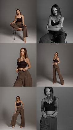 four photos of women in brown pants and black top sitting on chairs, posing for the camera