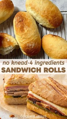 bread rolls and sandwiches with text overlay saying no knead 4 ingredients sandwich rolls