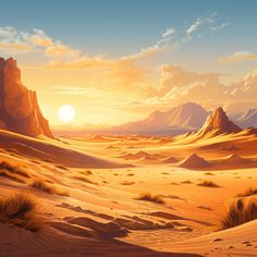 a desert scene with mountains and sand dunes