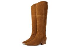 Nine West Orece - Women's Boots : Cognac Suede : Chic and trendy, the Nine West Orece sandals are truly a wardrobe staple. Knee-length boots featuring suede upper. Textile and synthetic lining for breathable comfort. Pointed toe silhouette. Low block heel. Zippered closure on the side. Durable synthetic outsole. Imported. Measurements: Heel height: 2.01; Boot Shaft Height: 16.54; Shaft Circumference: 14.8. Weight of footwear is based on a single item, not a pair. Trendy Wide Calf Suede Boots, Casual Leather Mid-calf Boots With Block Heel, Casual Boots With Suede Lining And Block Heel, Trendy Suede Boots For Workwear, Trendy Suede Wide Calf Heeled Boots, Trendy Suede Boots With Block Heel, Suede Boots With Stacked Heel And Wide Calf, Wide Calf Suede Boots With Stacked Heel, Suede Block Heel Boots For Spring