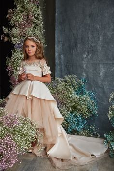 Pentelei Couture Girls Satin Tulle Special Occasion Pageant Party Gown Tiered Tulle Skirt, Tulle Flower Girl, Satin Tulle, Tulle Flowers, Bridesmaid Dress Styles, Flower Girl Dresses Tulle