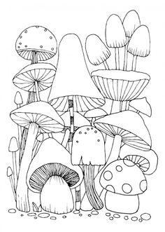 a black and white drawing of mushrooms in the forest with trees, grass and rocks