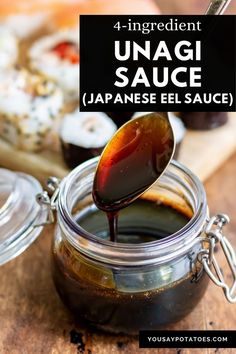 Jar of unagi sauce with a spoon coming out. Grilled Fish Sandwich, Eel Sauce Recipe, Eel Recipes, Unagi Sushi, Grilled Eel, Eel Sauce, Unagi Sauce, Sushi Sauce, Sushi Recipes Homemade