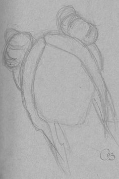 a pencil drawing of a woman's head with her hair pulled back and eyes closed