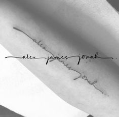 a woman's arm with the words alex james park on it and her name in cursive writing