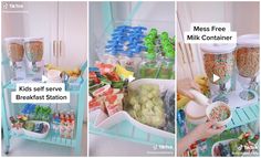 two pictures showing the process of making milk and cereals in containers, with instructions for how to make them