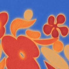 an orange and red abstract painting on a blue background with flowers in the foreground