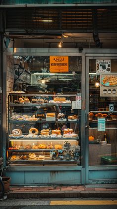 a bakery with lots of doughnuts and pastries in the display case outside