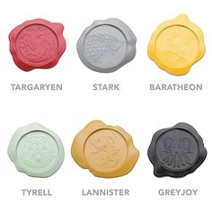 four different colored wax seals with the names of each seal and their emblems on them